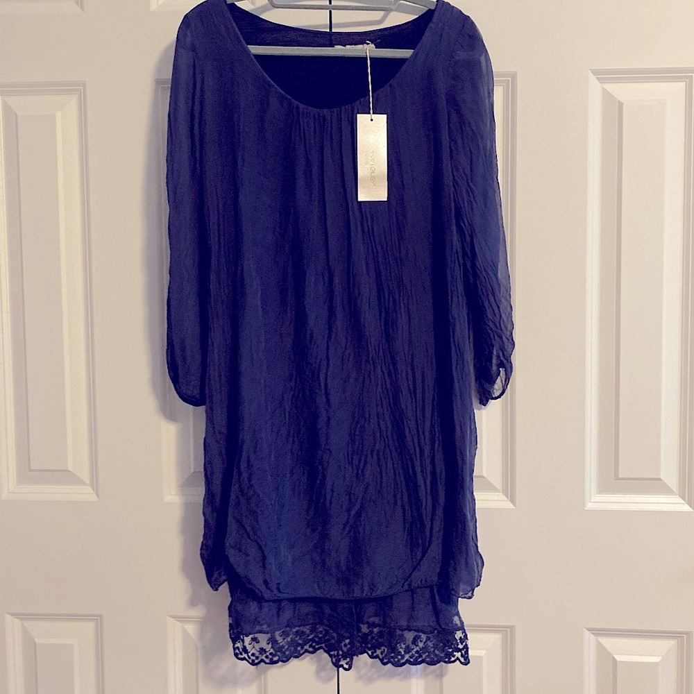 PRONTOMODA GIUSY - Navy Blue Long Lace Bottom Trim Silk Tunic  (Made in Italy)